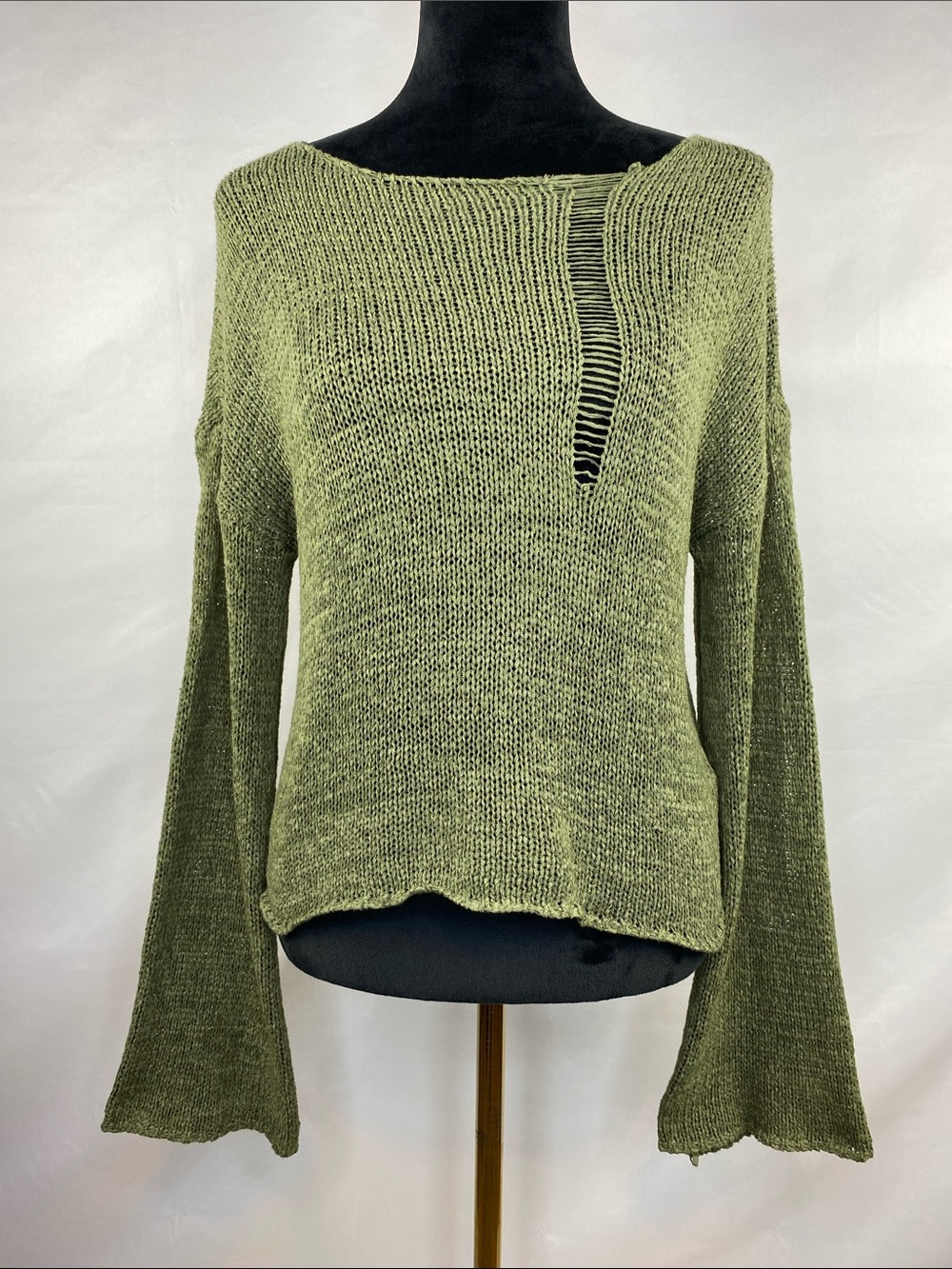 Edikted Moss Green Drop Shoulder Distressed Knit Sweater Bell Sleeve Grunge Boho